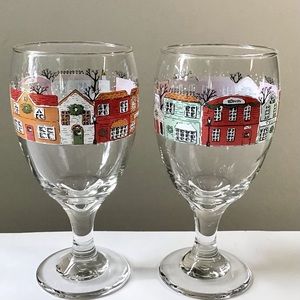 Vintage Libbey Glass Goblets Christmas Town Winter Village Holiday Main Street